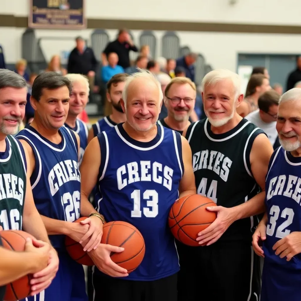 Group of former high school basketball players celebrating together at a reunion.