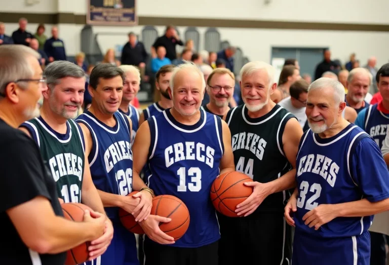 Group of former high school basketball players celebrating together at a reunion.