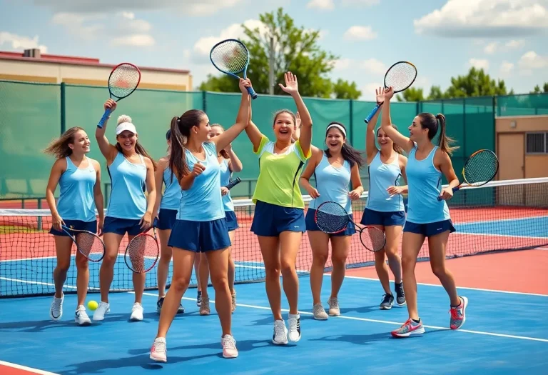 Manheim Township girls tennis players celebrating their victory in a match.