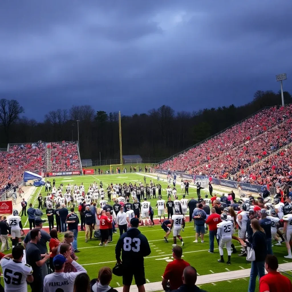 Fans cheering at a high school football game in Massachusetts.