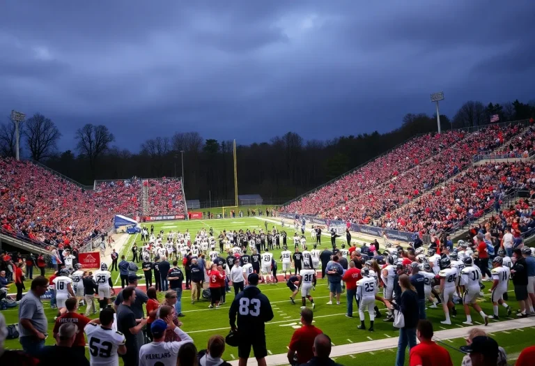 Fans cheering at a high school football game in Massachusetts.