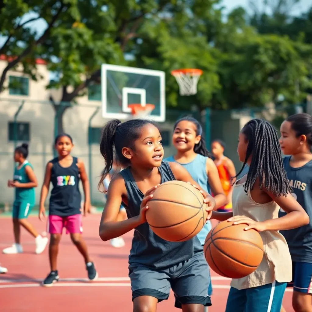 Girls basketball team practicing on court