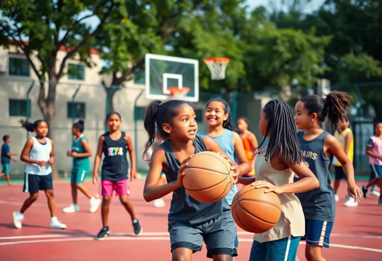 Girls basketball team practicing on court