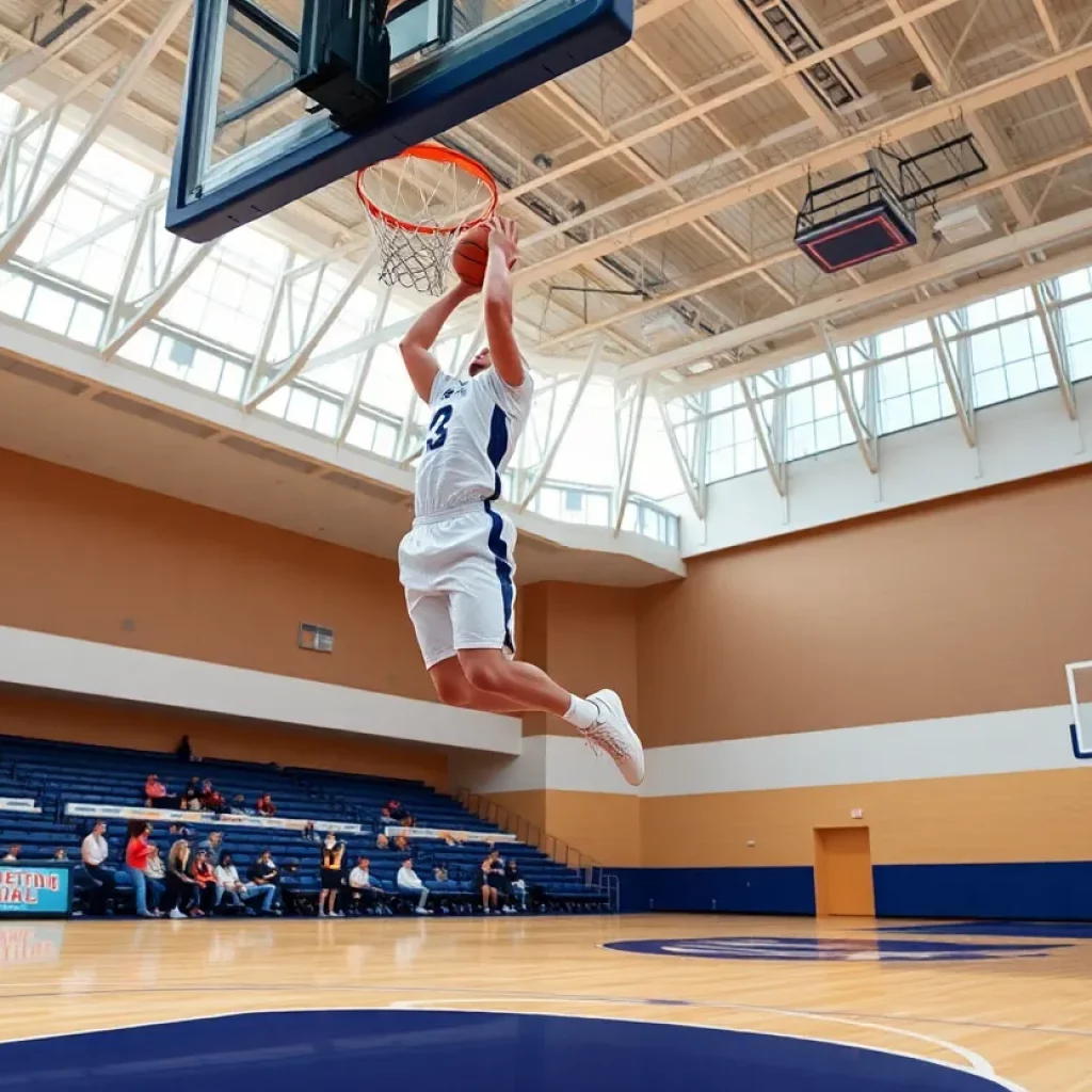 A player dunking in a basketball game