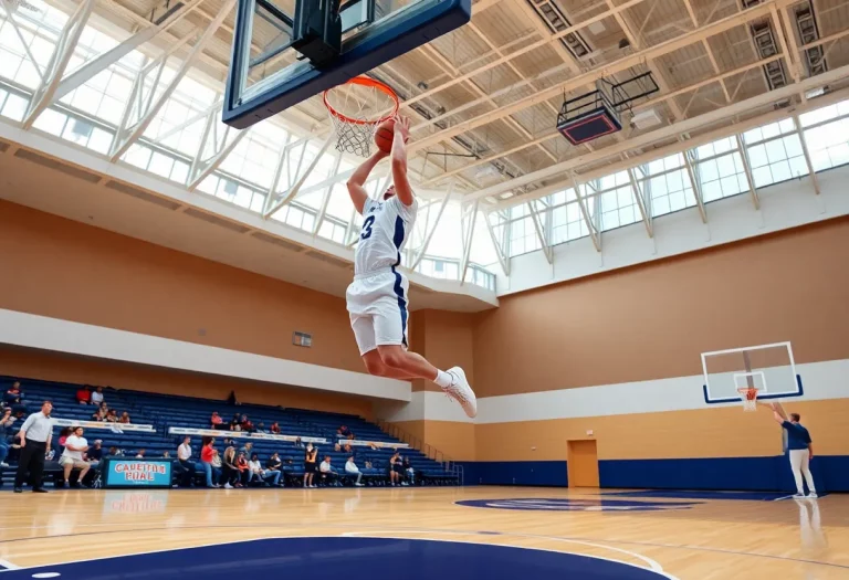 A player dunking in a basketball game