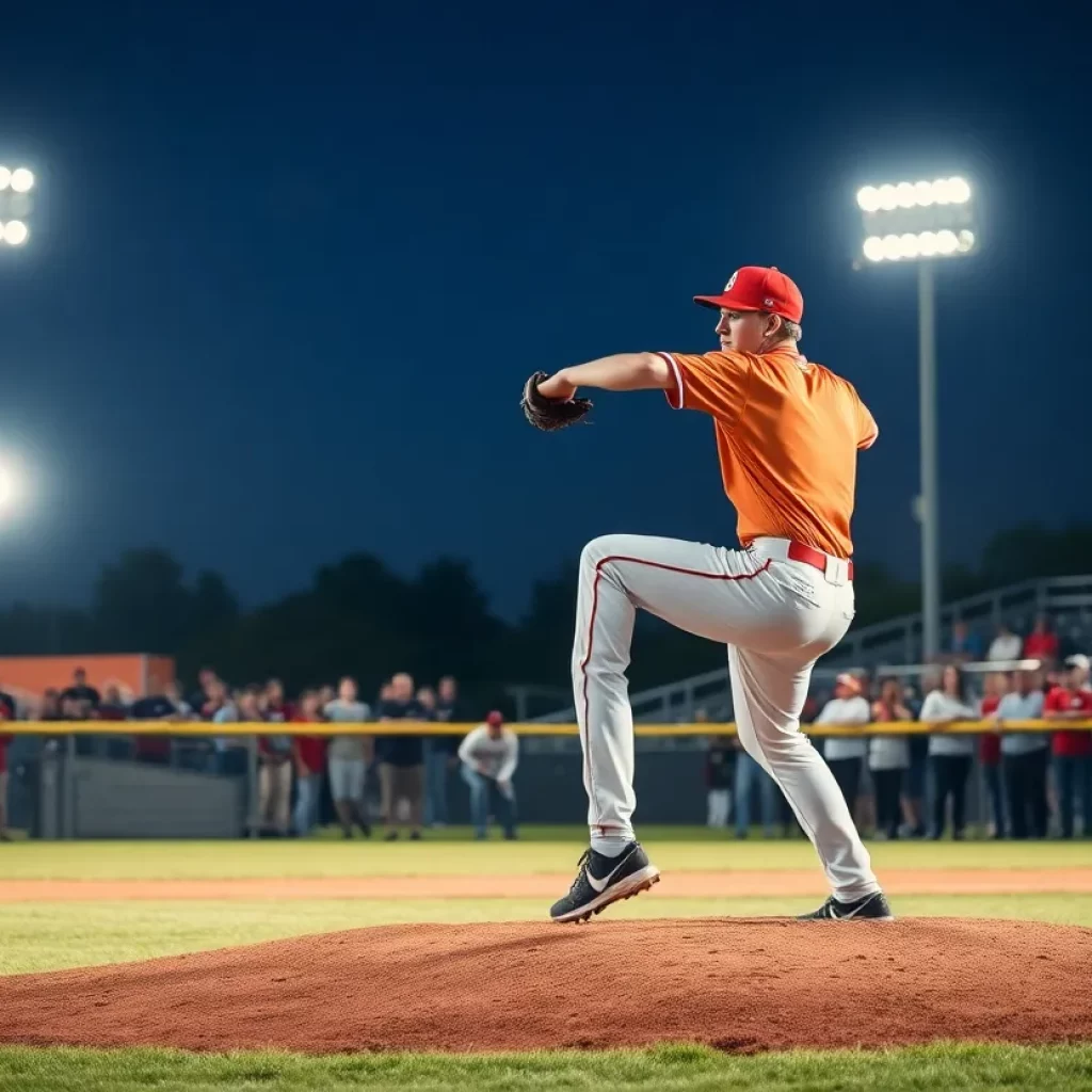 High school pitcher throwing a baseball on the pitcher's mound during a game.