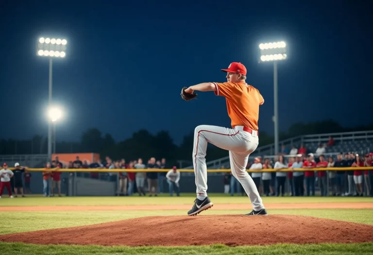 High school pitcher throwing a baseball on the pitcher's mound during a game.