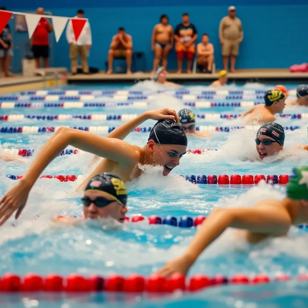 Swimmers competing at a high school championship meet