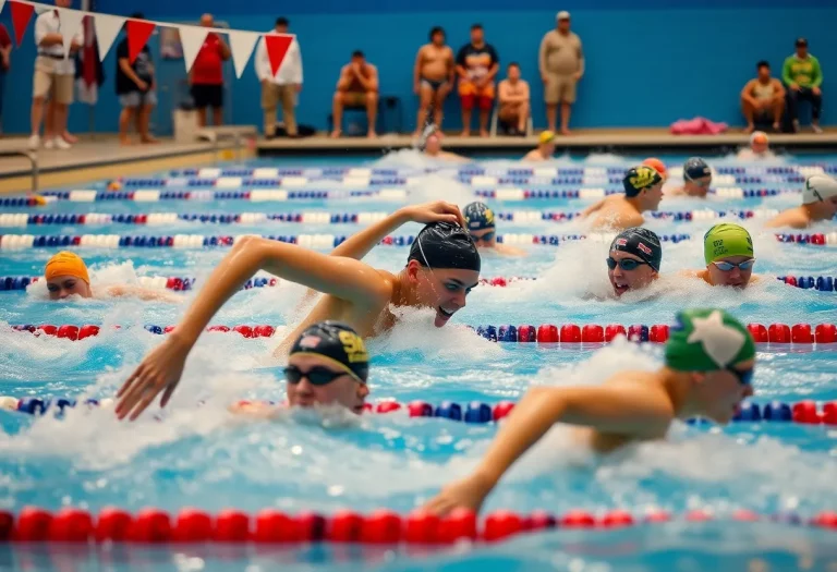 Swimmers competing at a high school championship meet