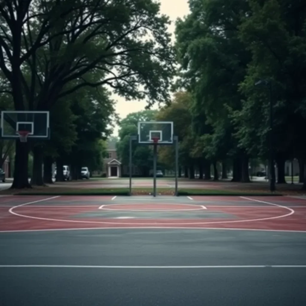 A quiet basketball court in Mead, Colorado, symbolizing community reflection.