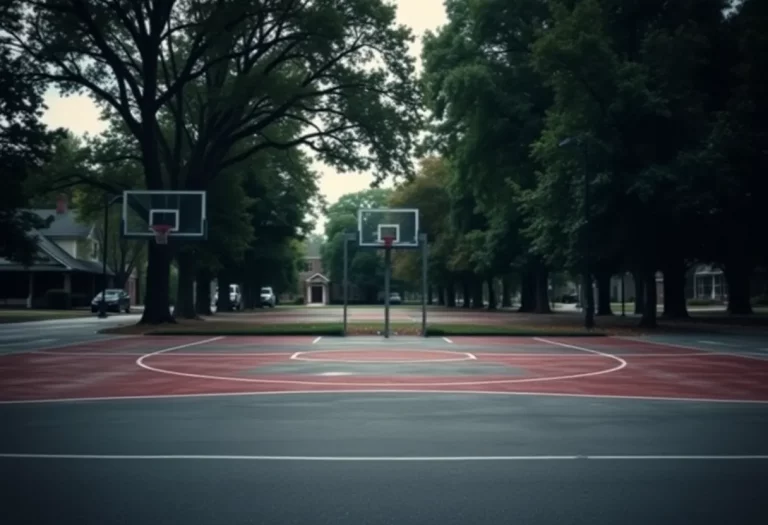 A quiet basketball court in Mead, Colorado, symbolizing community reflection.