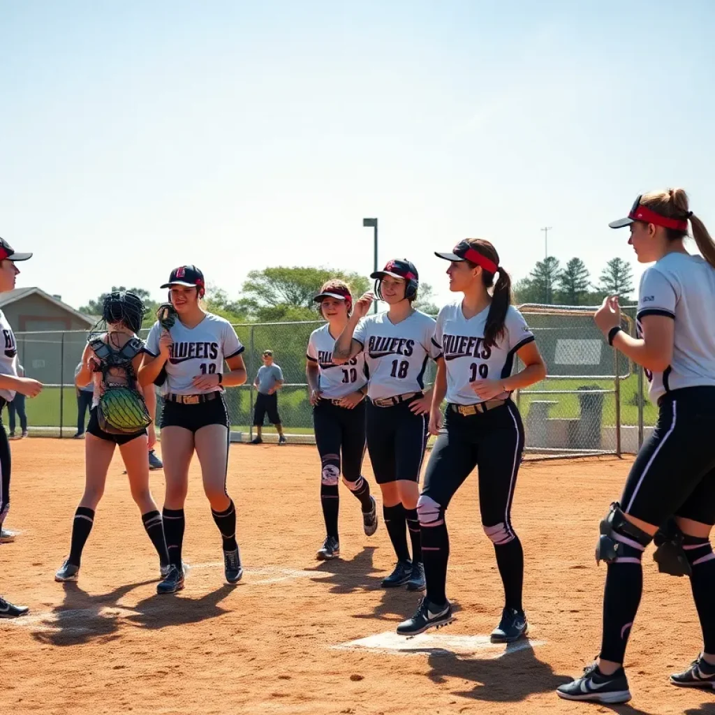 Meeker High School softball players competing in a game.