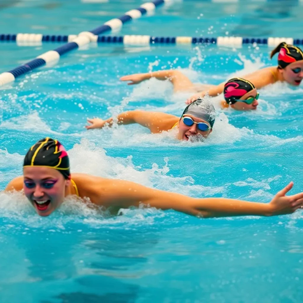 High school girls swim team competing in a swimming meet