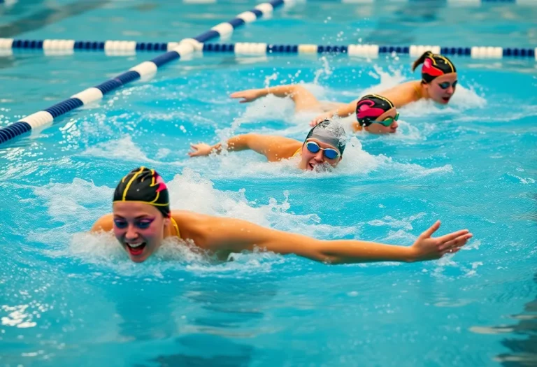 High school girls swim team competing in a swimming meet