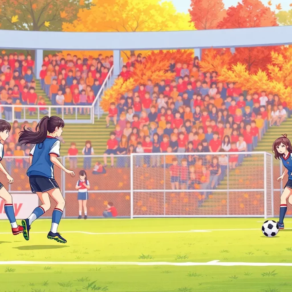 High school girls soccer match in progress