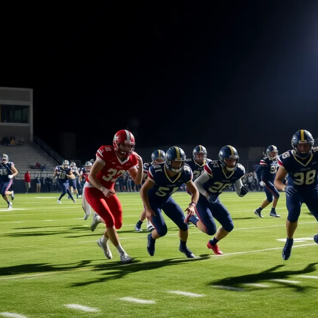 High school football players competing under stadium lights in Michigan
