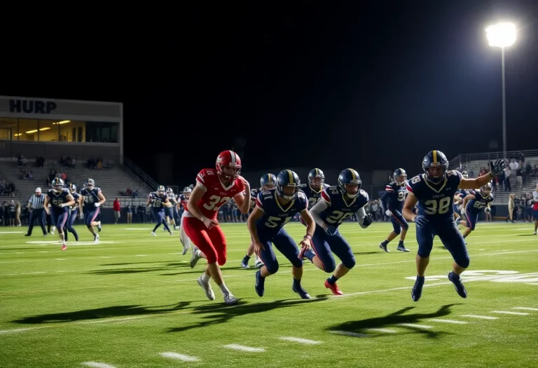 High school football players competing under stadium lights in Michigan