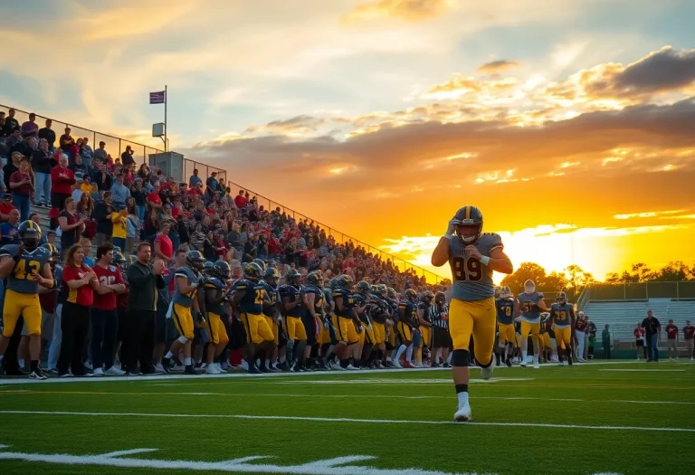 Exciting moment during a Michigan high school football game with players on the field and fans cheering.