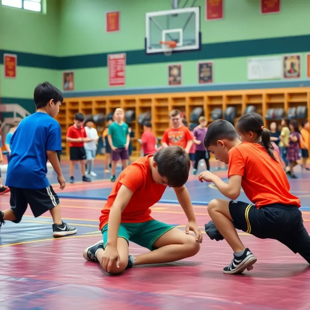 Students practicing wrestling techniques in a school gymnasium