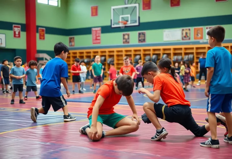Students practicing wrestling techniques in a school gymnasium
