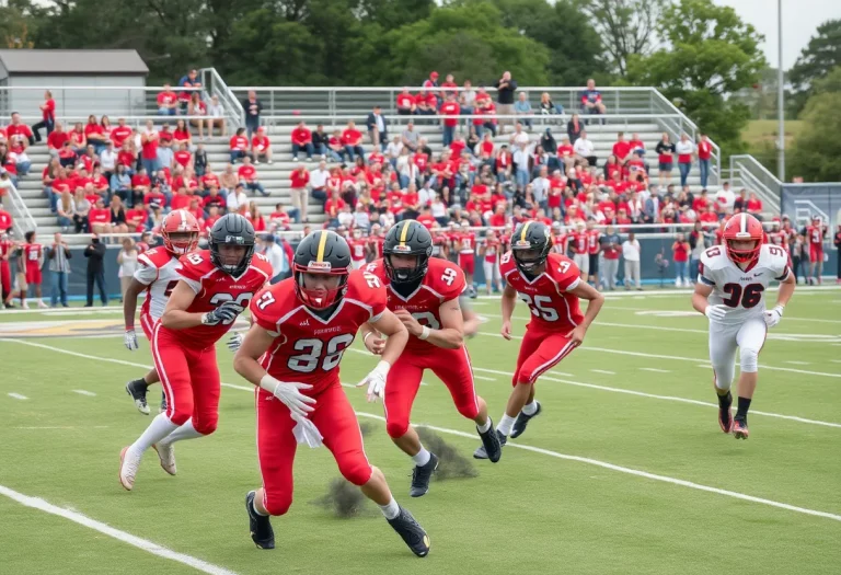 High school football players in action during a game.
