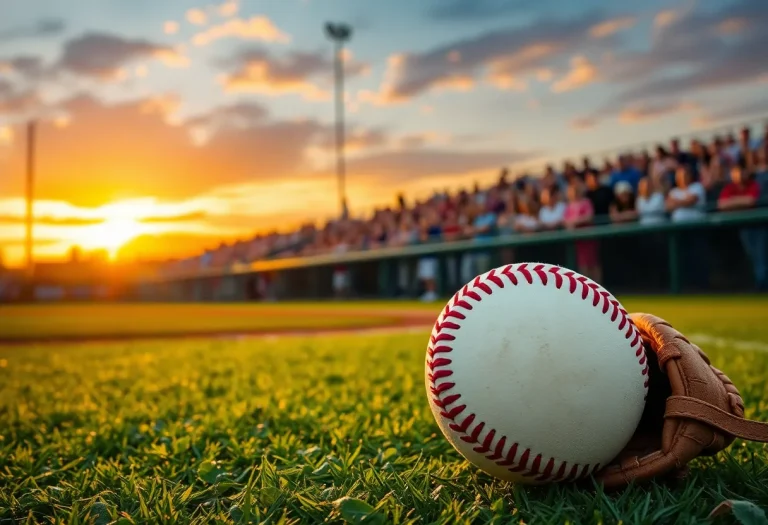 Baseball field with a sunset sky