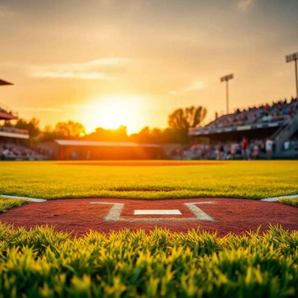 Milford High School baseball field under sunset skies