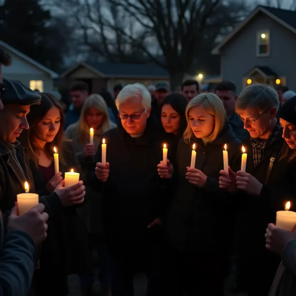 Community members holding candles during a prayer vigil for injured softball players.