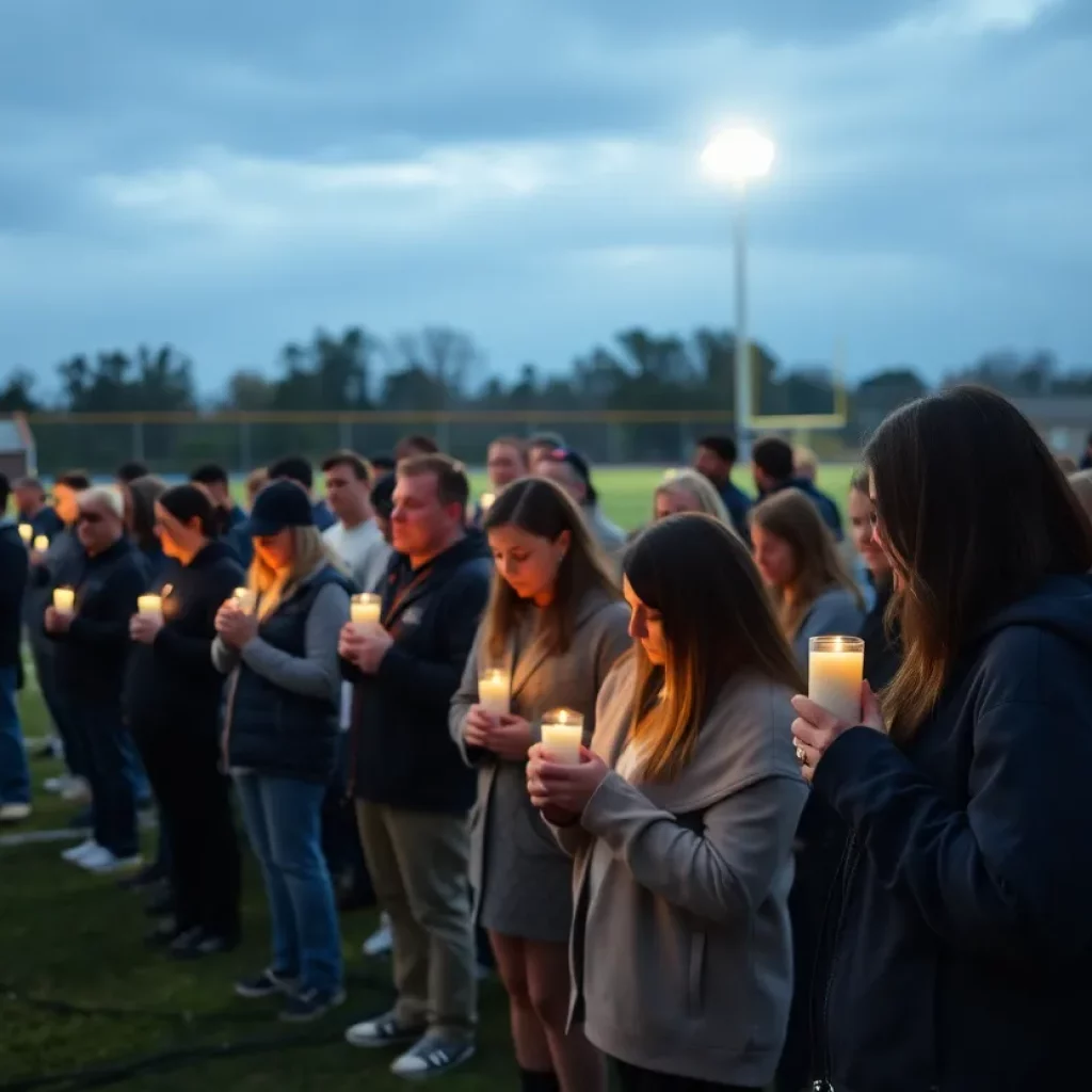 Community members gather in prayer at Minco softball field after bus crash.