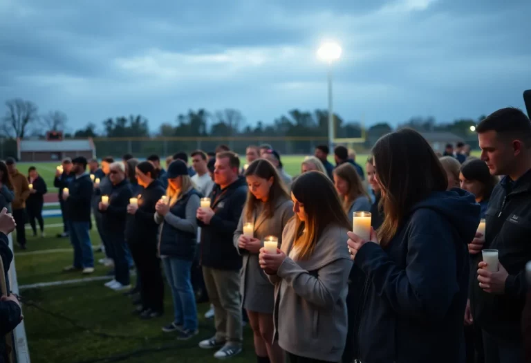 Community members gather in prayer at Minco softball field after bus crash.
