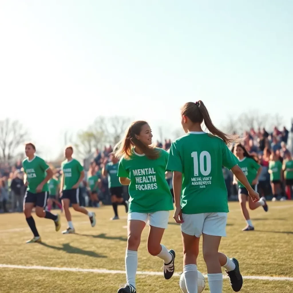 Soccer players in mental health awareness shirts on the field