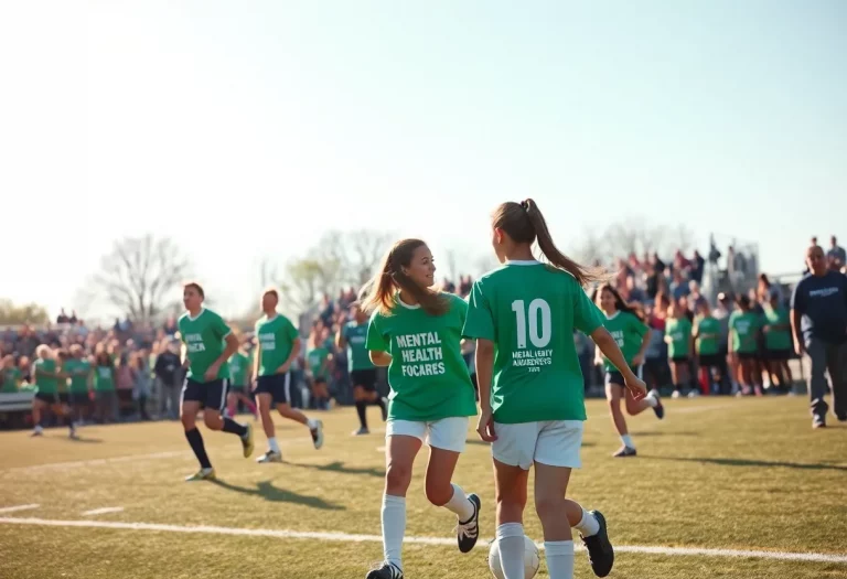 Soccer players in mental health awareness shirts on the field