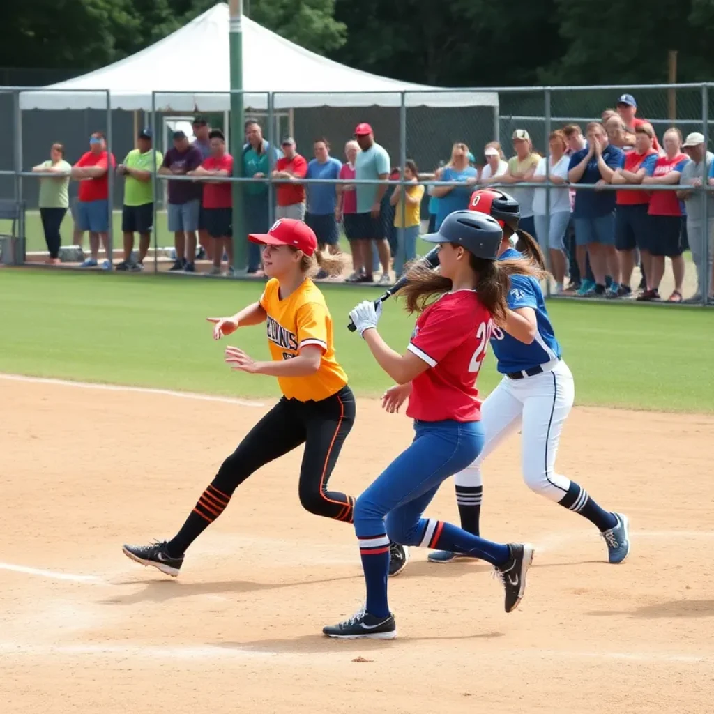 High school softball players competing in a lively match