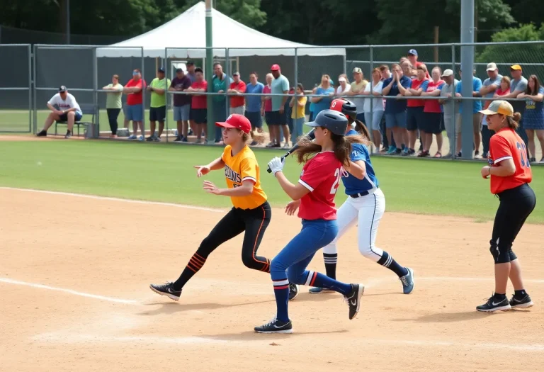 High school softball players competing in a lively match