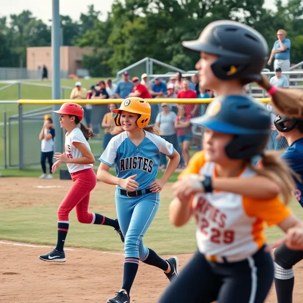 Players engaged in a high school softball game with a cheering audience.