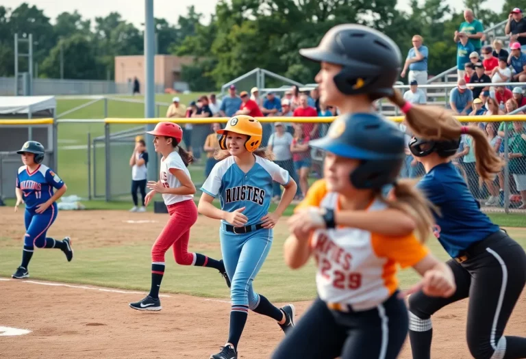 Players engaged in a high school softball game with a cheering audience.