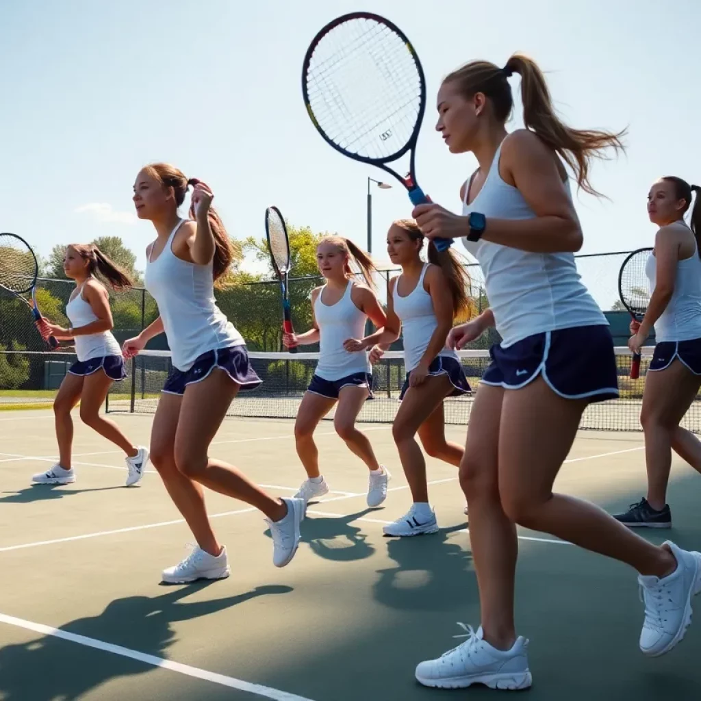 High school girls tennis team playing a match