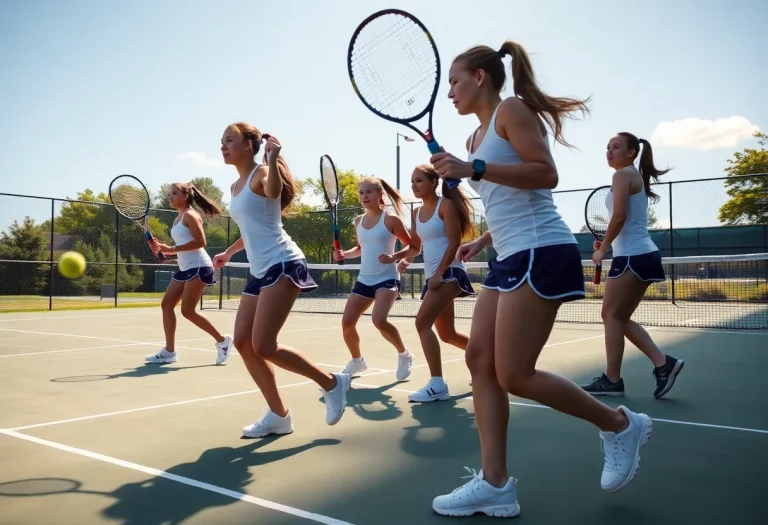 High school girls tennis team playing a match