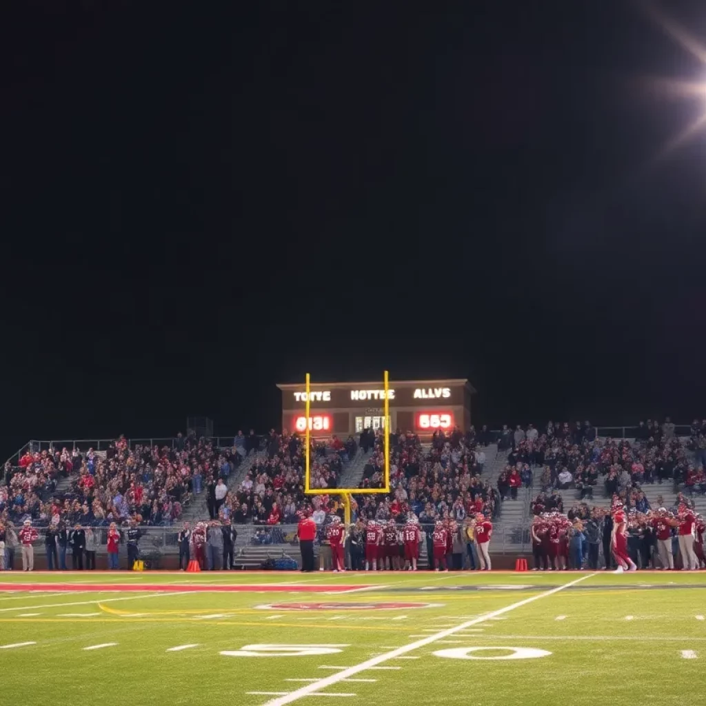 High school football players on the field during a game at night.