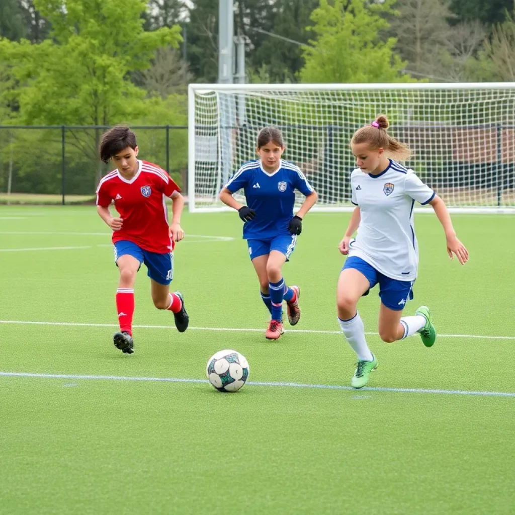 High school soccer players in action during a match in Montana.