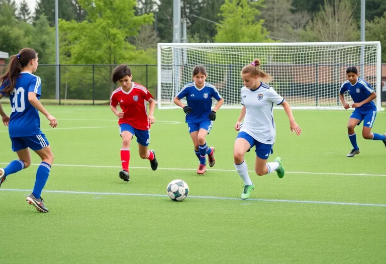High school soccer players in action during a match in Montana.