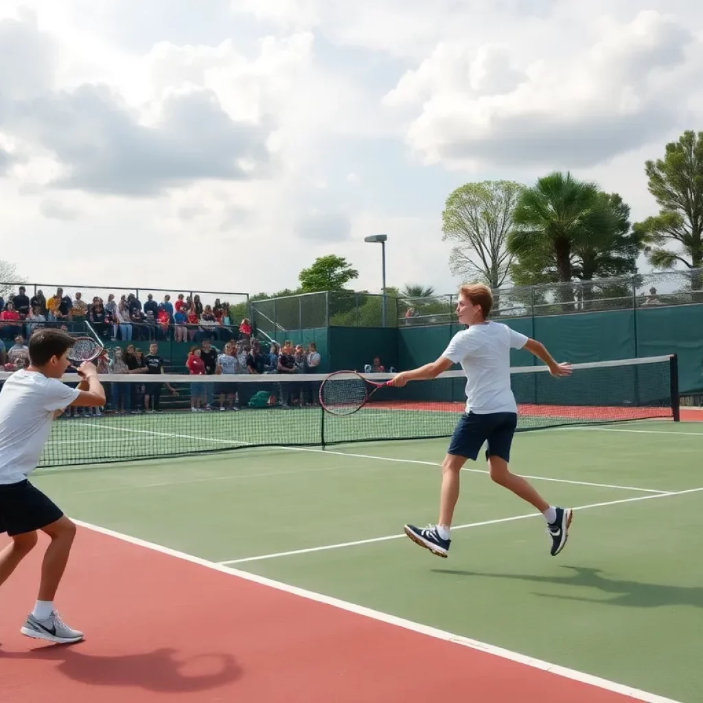 High school tennis match in progress with players and spectators