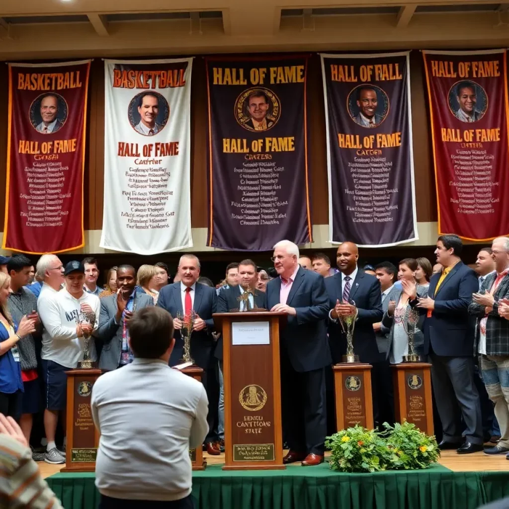 Induction ceremony for basketball hall of fame with trophies and cheering crowd
