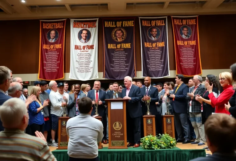 Induction ceremony for basketball hall of fame with trophies and cheering crowd