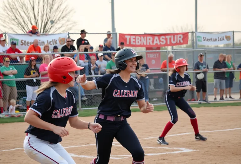 High school softball players in action during a game in Nebraska.