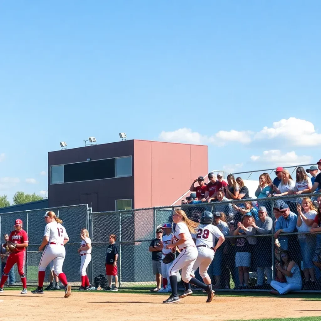 High school softball teams competing during a game in Nebraska
