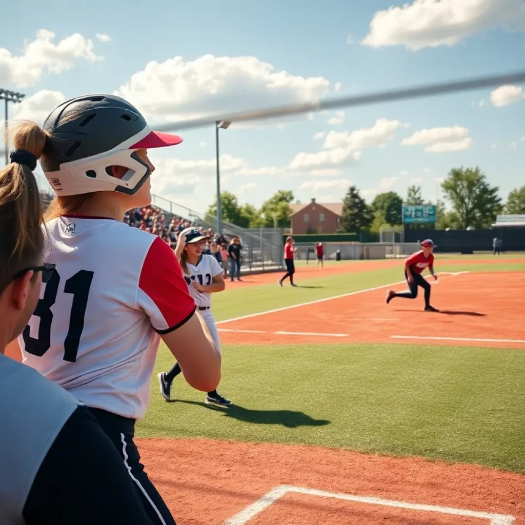 High school softball players competing on a bright field.