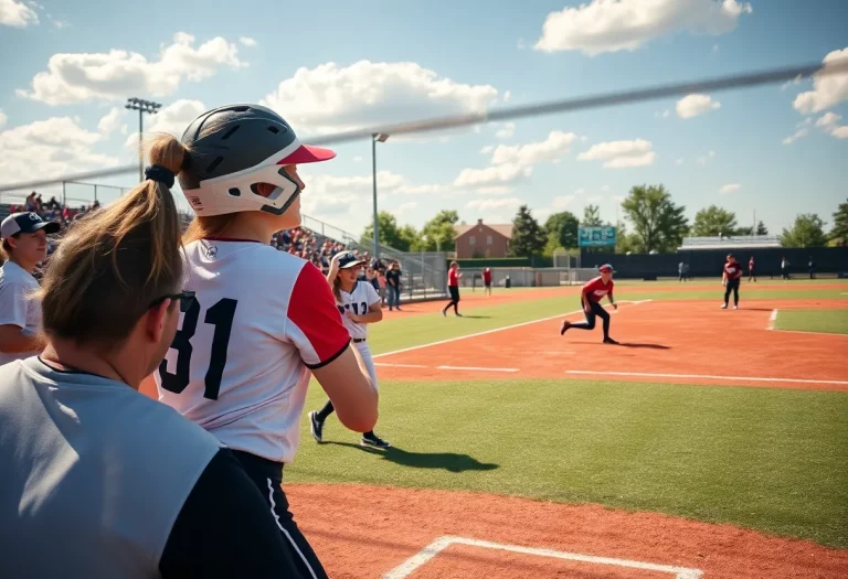 High school softball players competing on a bright field.