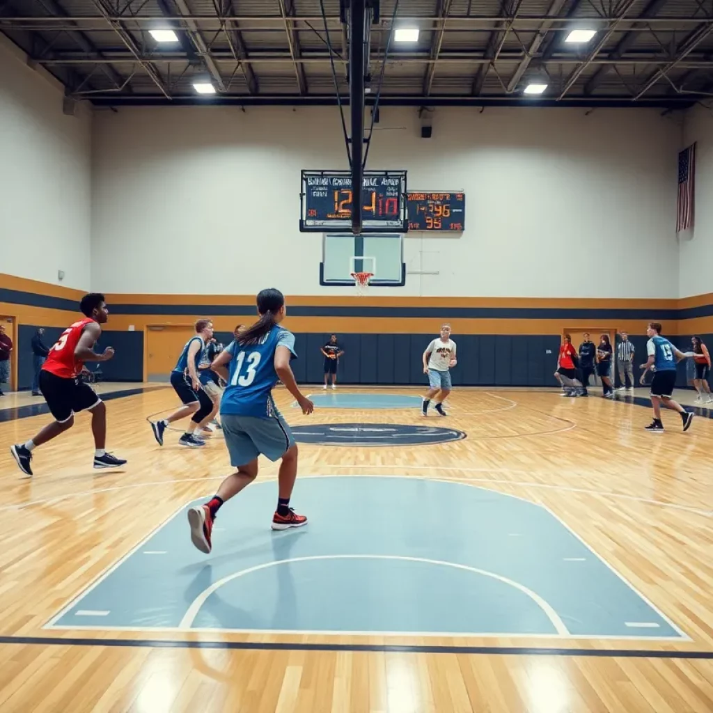 Players competing in a high school basketball game with shot clock in view