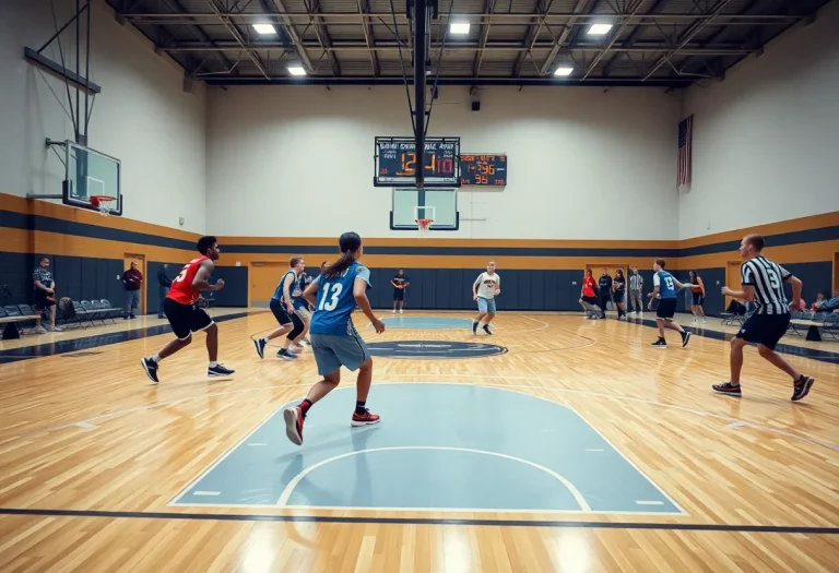 Players competing in a high school basketball game with shot clock in view